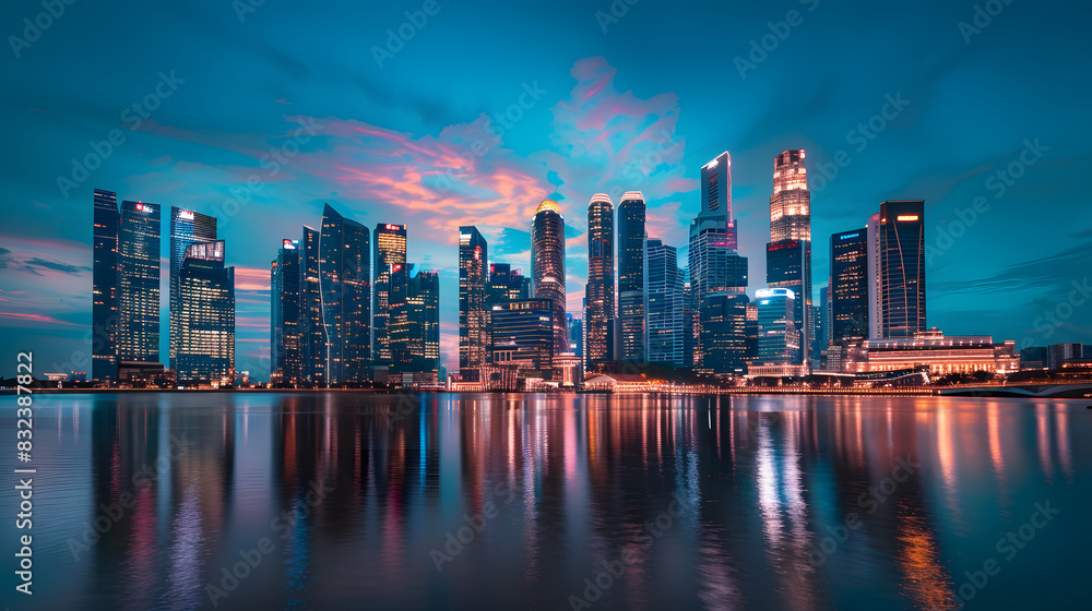 Fototapeta premium A city skyline with a river running through it