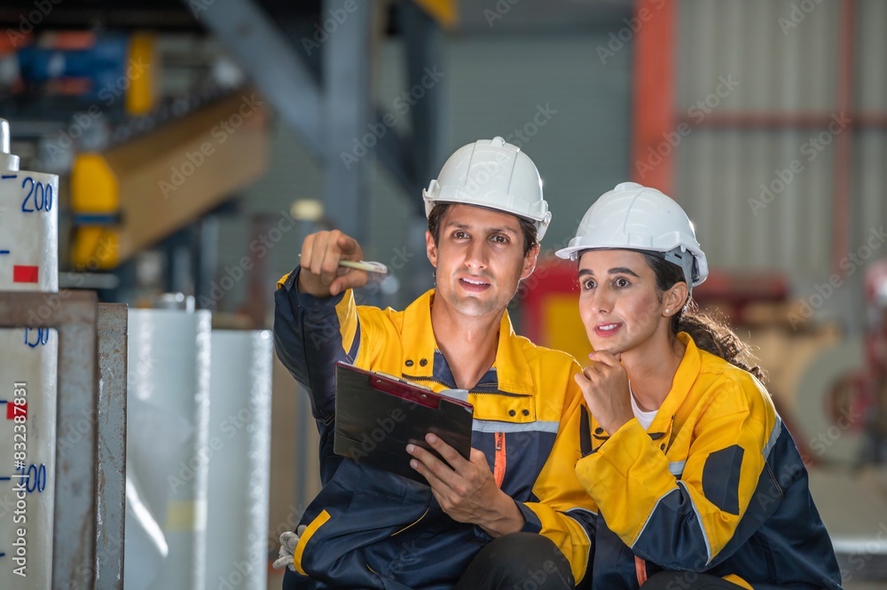 Factory apprenticeship. Man mentor teaching Female employees trainee operating machine looking monitors and check Production process machinery. foreman explaining woman engineer control machine . Factory apprenticeship. Man mentor teaching Female employees trainee operating machine looking monitors and check Production process machinery. foreman explaining woman engineer control machine .