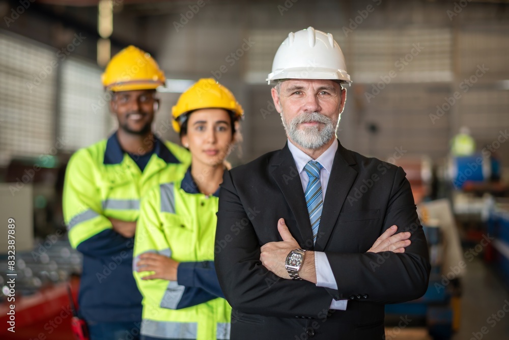 mature older boss engineer with beard mustache on face wear helmet standing smile and hand show good thumb at construction factory site with worker leader team for happy working in factory site. mature older boss engineer with beard mustache on face wear helmet standing smile and hand show good thumb at construction factory site with worker leader team for happy working in factory site.