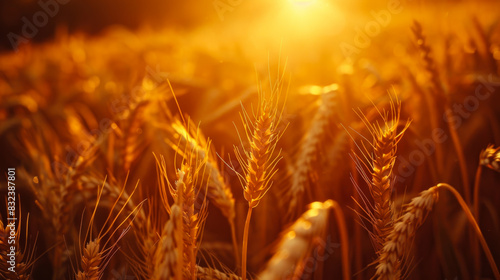 Golden wheat ears in the sunset light. Ripe wheat on an agricultural field. Industry and ecology concept.