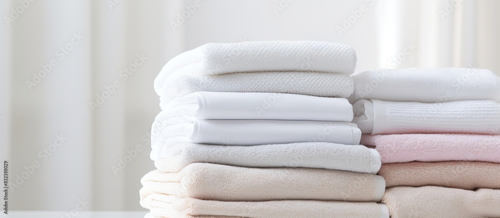 home textiles A stack of towels lies on a white bed. copy space available home textiles A stack of towels lies on a white bed. copy space available
