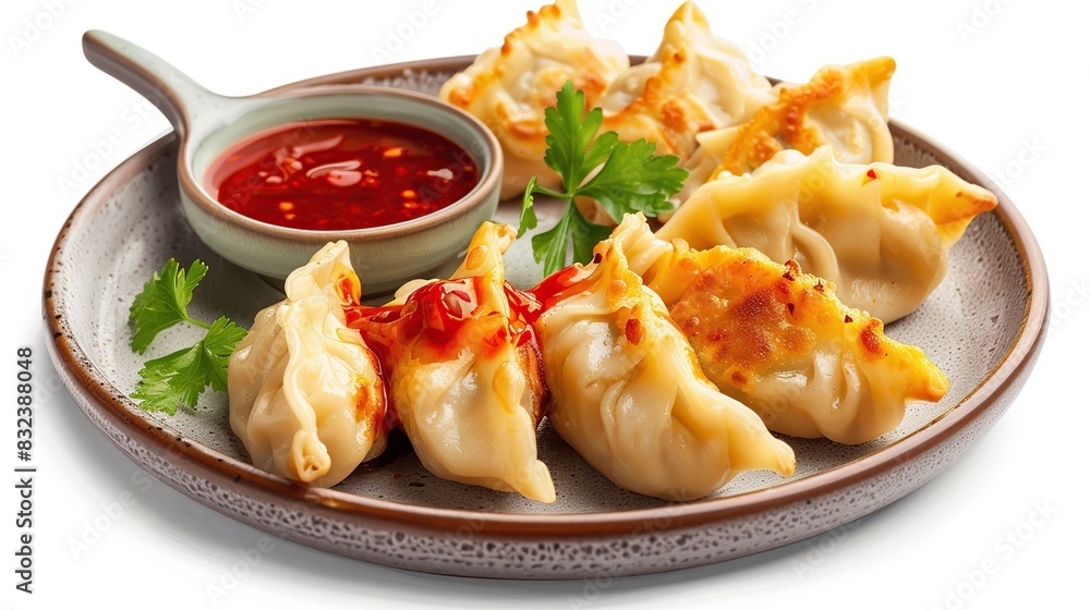 Delicious dumplings with chili sauce on plate isolated on white background Delicious dumplings with chili sauce on plate isolated on white background