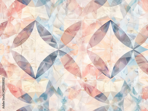 A seamless pattern featuring delicate, geometric shapes in soft pastel hues of pink, blue, and beige.
