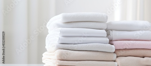 home textiles A stack of towels lies on a white bed. copy space available