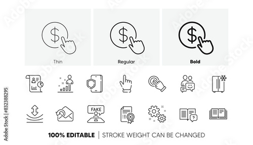 Reject certificate, Resilience and Phone protection line icons. Pack of Instruction manual, Stats, Work icon. Buy currency, Cursor, Touchscreen gesture pictogram. Send mail, Education. Vector