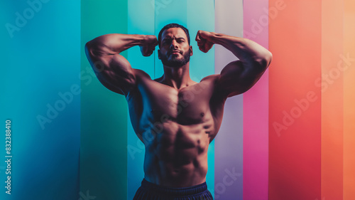 A muscular man flexing his biceps in front of a gradient background with vibrant blue, pink, and orange hues, showcasing strength and fitness.