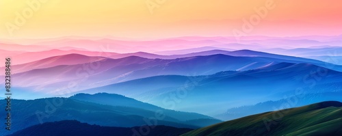 Scenic view of colorful mountain ranges at sunrise, with layers of mist creating a tranquil and ethereal atmosphere.
