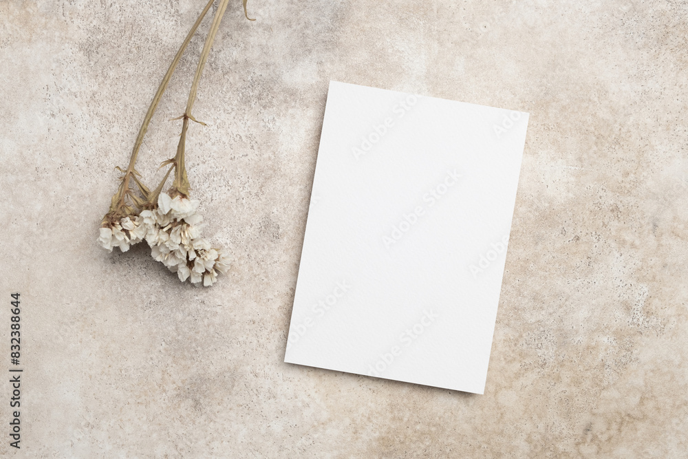 Blank invitation or greeting card mockup with dry botanical decor Blank invitation or greeting card mockup with dry botanical decor