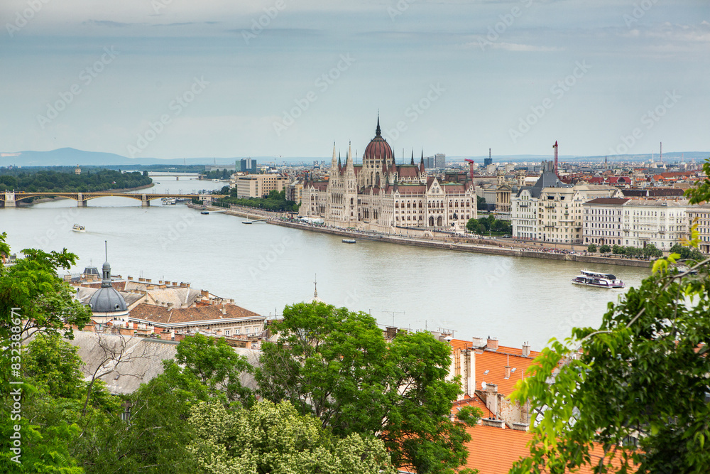 Naklejka premium Very beautiful and colorful street in Budapest, the capital of Hungary. Street life in European city.
