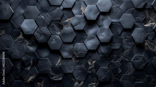 Dark hexagonal tiles with a marble-like texture create a complex, modern geometric pattern. photo