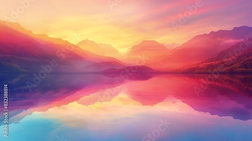 Vivid sunrise over tranquil lake with colorful sky and mountain silhouette reflecting on calm water, creating a serene and magical landscape. #832388814