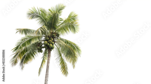 Coconut palm tree with clusters of coconuts against a clear white background, showcasing green leaves and a tall, slender trunk.