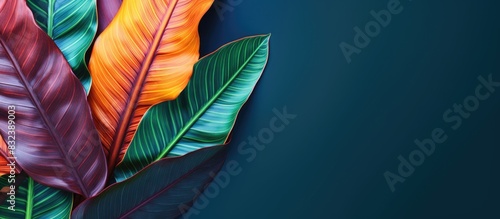 Leaf of tropical codiaeum plant on color background top view with space for text. copy space available