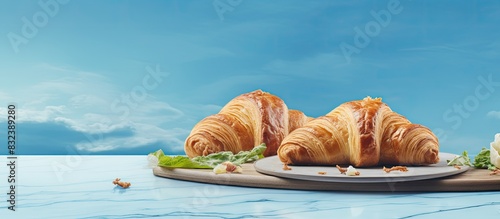 two lye croissant sandwiches with iberian ham tomato slices lettuce and cheese on marble board on blue background. copy space available
