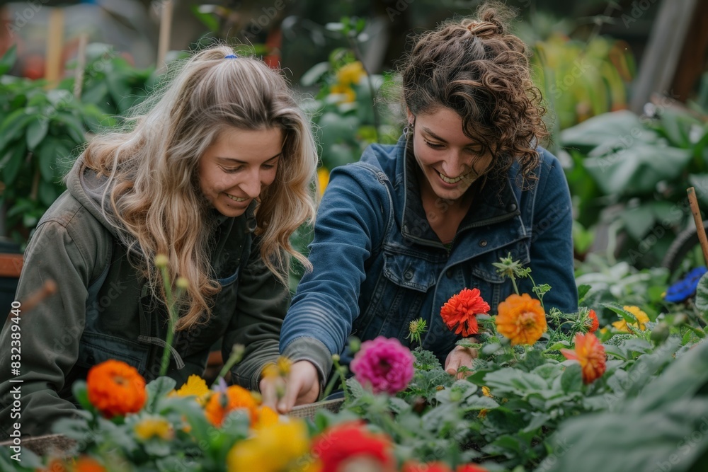 Two women enjoying gardening, surrounded by vibrant flowers. Their joyful expressions and collaboration highlight their bond. The lush garden setting emphasizes the beauty of nature Two women enjoying gardening, surrounded by vibrant flowers. Their joyful expressions and collaboration highlight their bond. The lush garden setting emphasizes the beauty of nature
