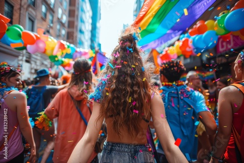 Back view of a young woman with colorful confetti in hair at a pride parade. balloons and a rainbow flag  capturing the celebratory atmosphere. Perfect for Pride Month and LGBTQ  events.