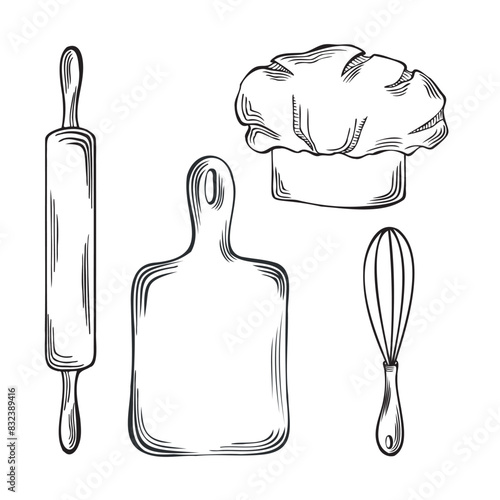 Kitchenware, baking tools. Set from Chef hat with cutting board, rolling pin and whisk. Vector graphics illustration, isolated instruments. Template for wrapping, cookbook, menu, showcase, website.
