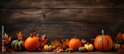 An autumnal scene with leaves and pumpkins placed on top of a rustic wooden background providing ample space for any desired text or image