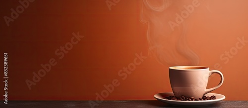 warm cup of coffee on brown background. copy space available