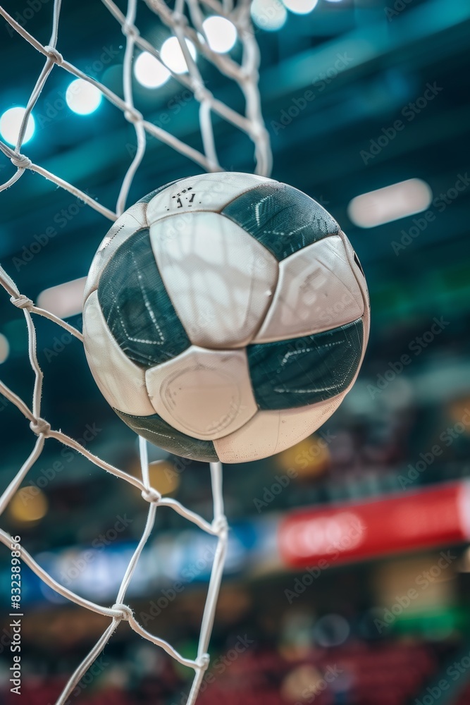 Naklejka premium Close up of handball goal celebration as ball hits net at summer olympics, sport concept