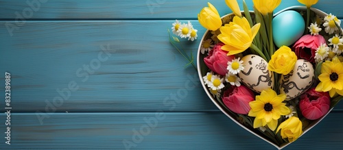 Heart shaped box with decorated Easter eggs yellow flowers burning candle and brown boards on wooden blue background Spring and Easter concept Top view flatlay copy space