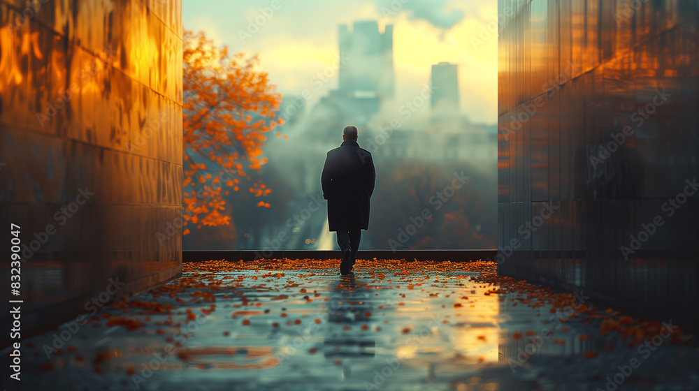 A man walks down a city street in the fall A man walks down a city street in the fall