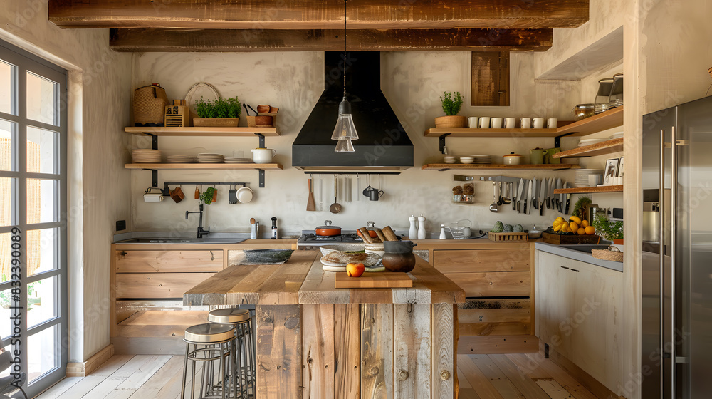A kitchen with a wooden island and a black stove A kitchen with a wooden island and a black stove