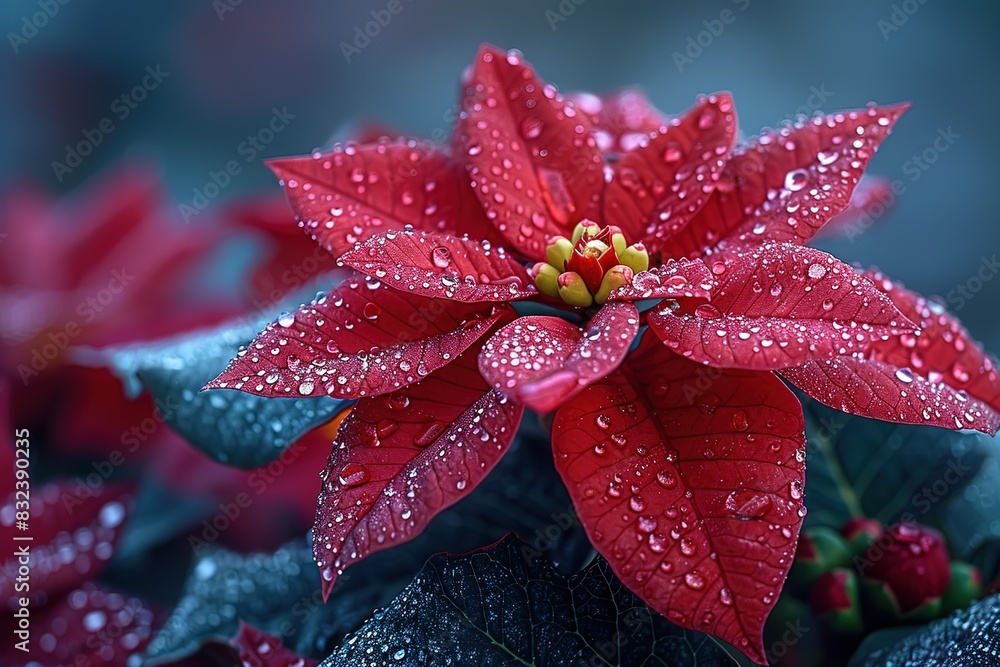 A red flower with droplets of water on it A red flower with droplets of water on it