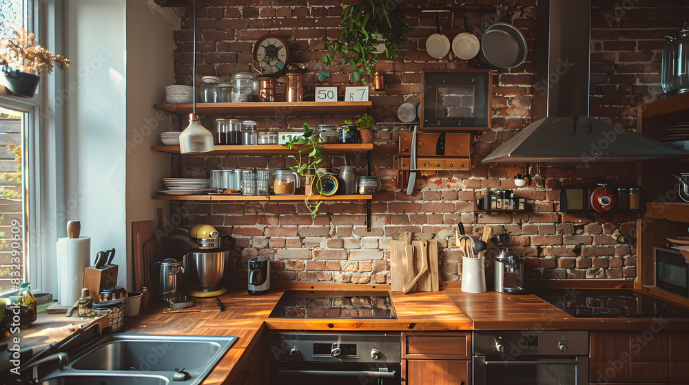 A kitchen with a brick wall and a wooden countertop A kitchen with a brick wall and a wooden countertop