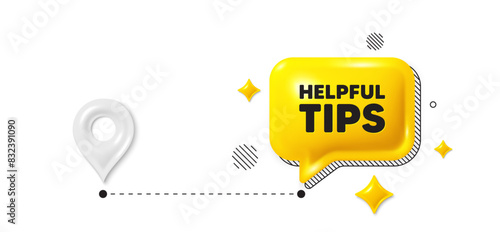Road journey position 3d pin. Helpful tips tag. Education faq sign. Help assistance symbol. Helpful tips message. Chat speech bubble, place banner. Yellow text box. Vector