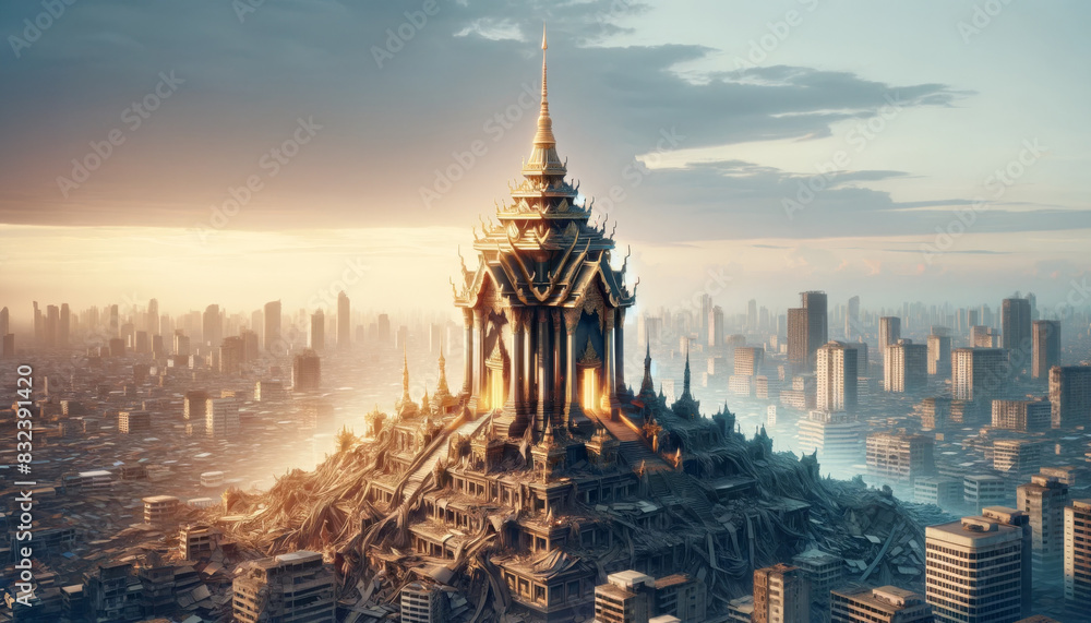 Obraz premium Beautiful temple with intricate architecture at sunrise, nestled within a sprawling cityscape under a serene sky.
