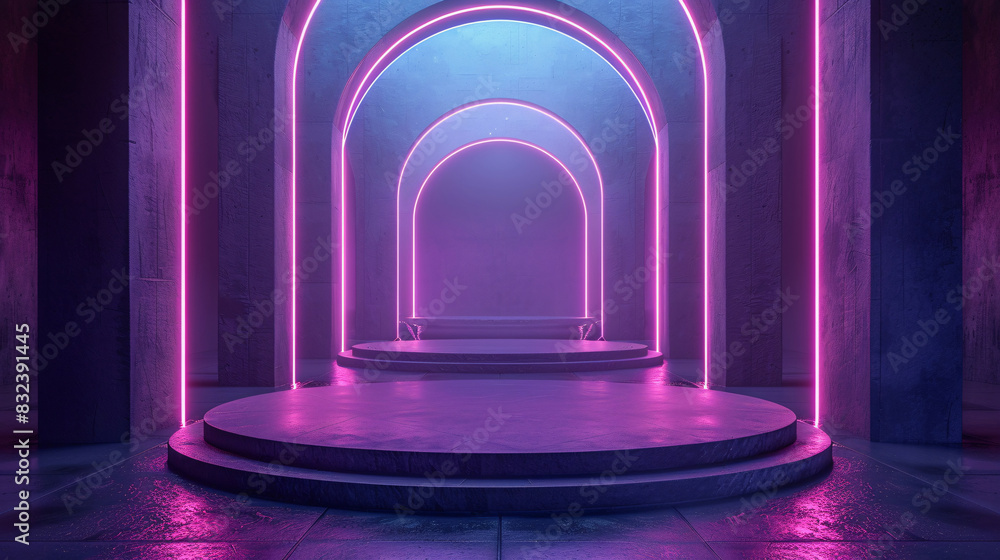 Abstract shapes illuminated with vibrant purple and blue lights on a reflective floor Abstract shapes illuminated with vibrant purple and blue lights on a reflective floor