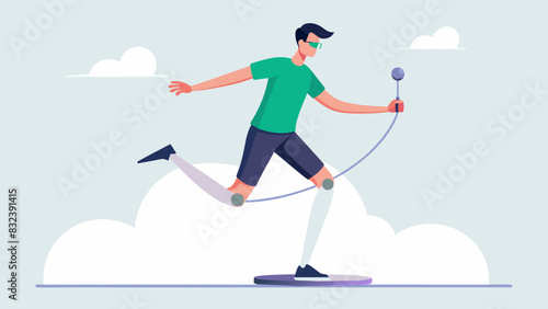 A man with an amputated leg uses a specialized VR fitness program to practice balance and coordination while walking on a virtual tightrope.. Vector illustration