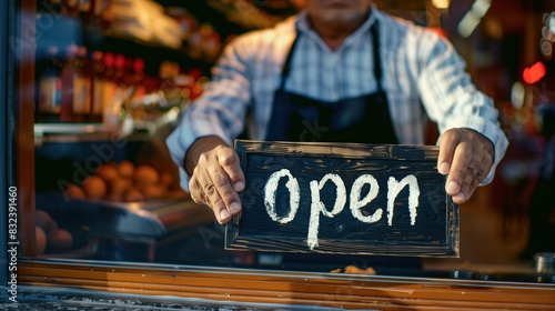 Fototapeta Naklejka Na Ścianę i Meble -  Shop Owner Holding 'Open' Sign in Front of Display at Local Store