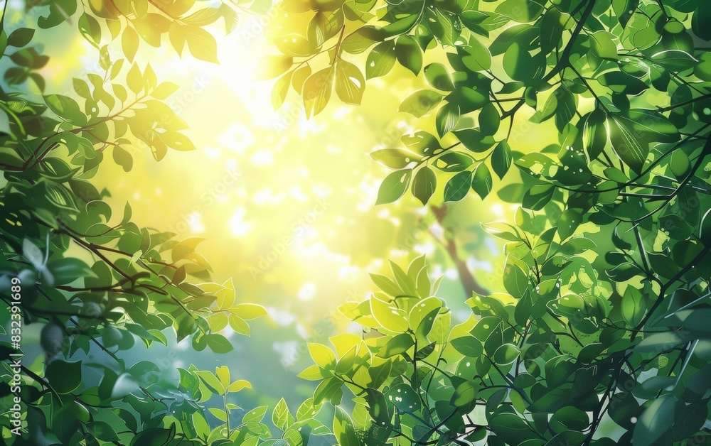 Create a scenic backdrop featuring fresh greenery and dappled sunlight in an anime-inspired style. Create a scenic backdrop featuring fresh greenery and dappled sunlight in an anime-inspired style.