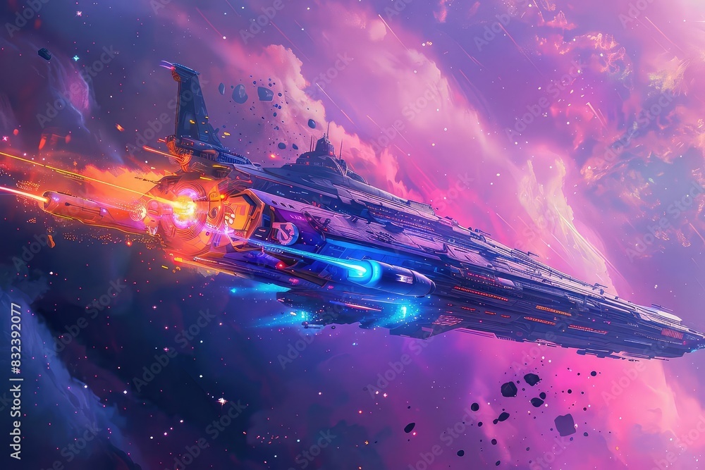 Futuristic spacecraft floating among stars and cosmic dust, neon hues, digital painting, hightech and adventurous, Futuristic spacecraft floating among stars and cosmic dust, neon hues, digital painting, hightech and adventurous,
