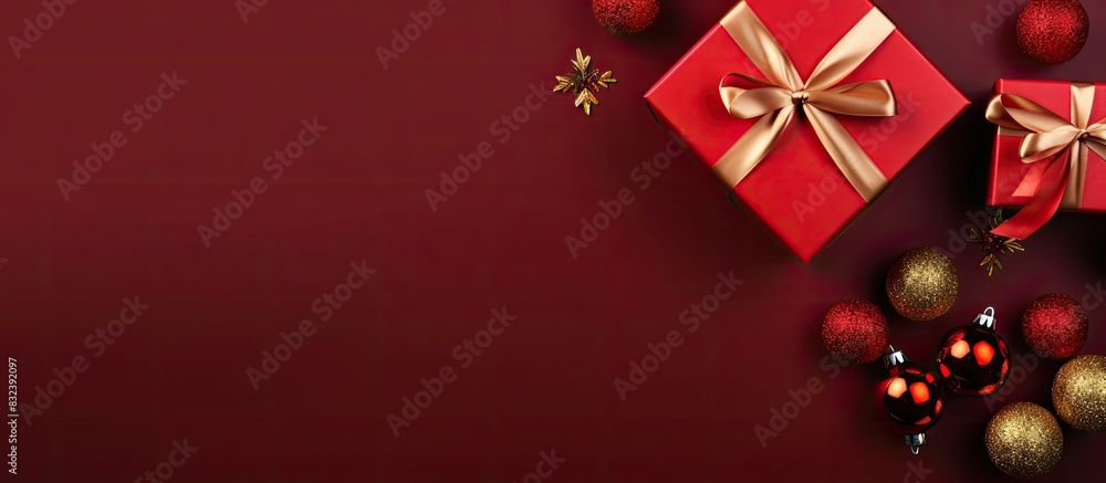 Top view of Red gift box and decoration on white background with copy space Top view of Red gift box and decoration on white background with copy space