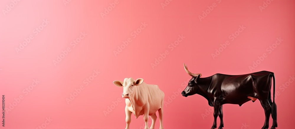 Fototapeta premium A pair of cow and bull Figures on a pink background with free space. copy space available