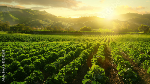 Sunny landscape with lush green fields