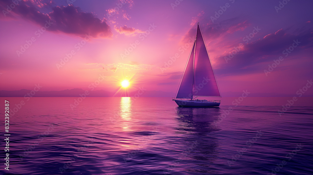 Sailboat on Tranquil Purple Sunset Sea