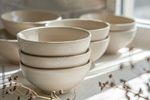 A balanced stack of smooth beige ceramic bowls, perfectly centered on a transparent background, showcasing their fine texture.
