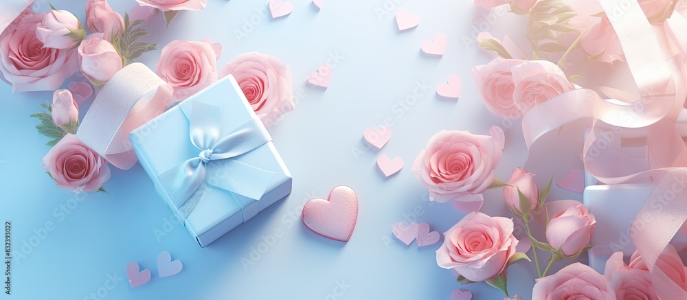 The Background Of Valentine s Day Gifts flowers heart box in pastel blue colors The Concept Of Valentine s Day Flat sunbed top view copy space The Background Of Valentine s Day Gifts flowers heart box in pastel blue colors The Concept Of Valentine s Day Flat sunbed top view copy space
