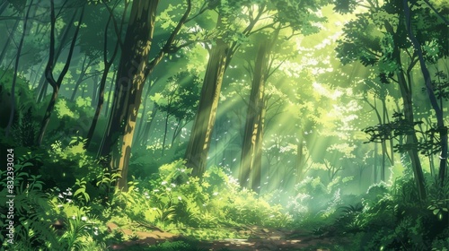 A scenic drawing of the sunlit forest in an anime art style.