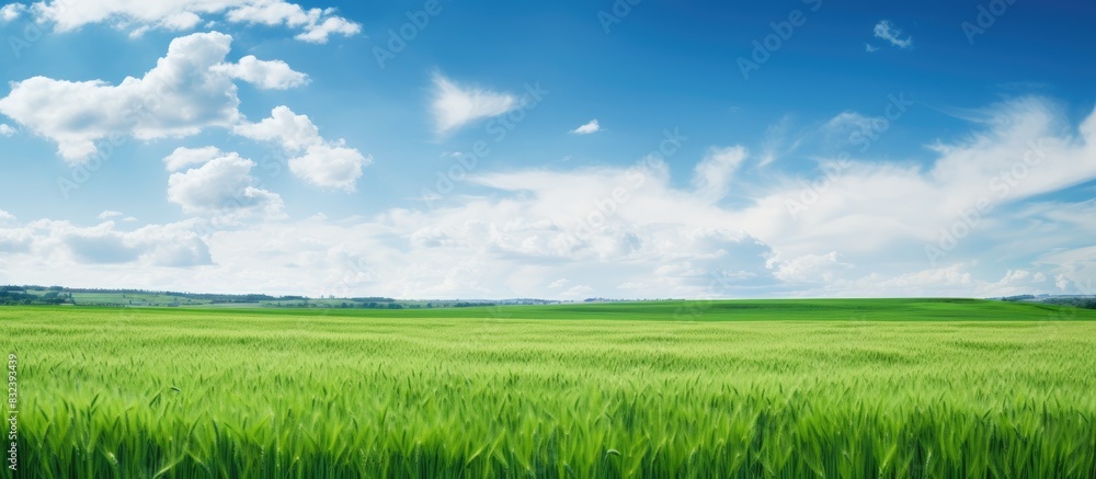 green field of wheat and spring blue sky with white clouds copy space