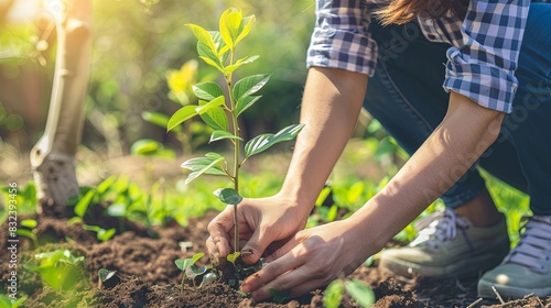 A woman is close-up photo of an planting a tree in a garden