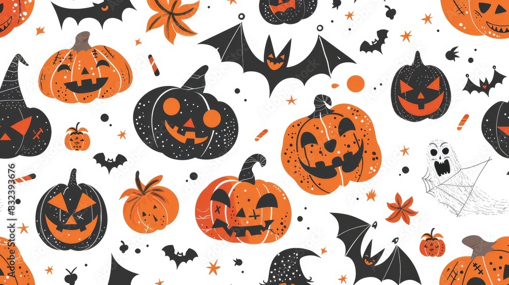 Fototapeta premium Seamless Halloween cartoon pattern featuring pumpkins vampires and monsters for kids clothing wrapping paper fabrics linens and accessories