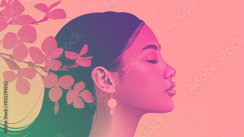 pink and green gradients  featuring a profile view of an Asian woman s face with closed eyes  small earrings  long hair flowing down her neck  pink flowers on one side  against a soft lavender backgro