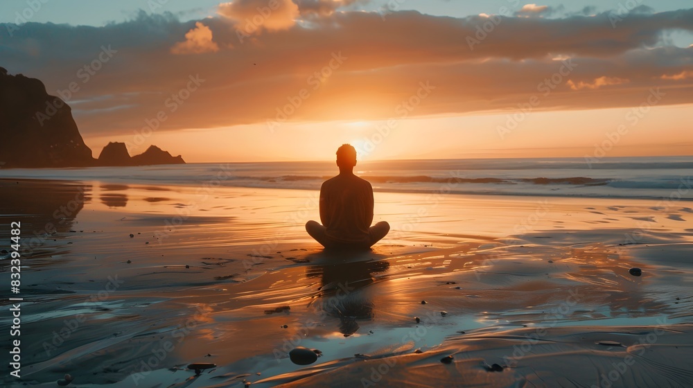 Evening Meditation Session on Beach at Sunset: Peaceful Solitude and Tranquility Evening Meditation Session on Beach at Sunset: Peaceful Solitude and Tranquility