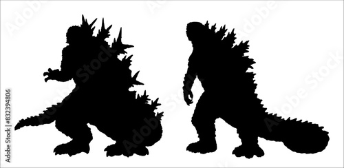 Black silhouette of gigantic dinosaur-like monster. Kaiju vector drawing.