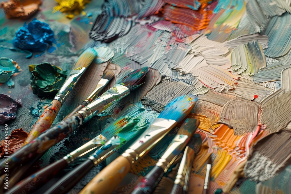 A tight shot of an artist's palette and collection of paintbrushes. A tight shot of an artist's palette and collection of paintbrushes.